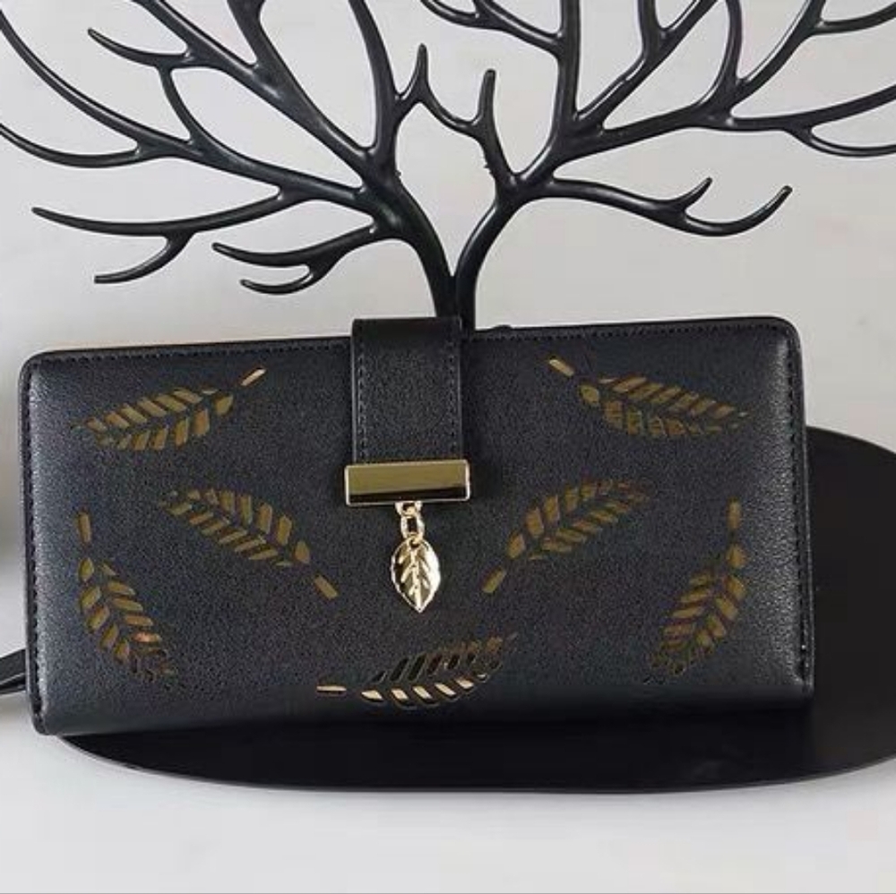 Womens Leave Design Pu Leather Zipper Black Buckle Wallet - Picture 2 of 5